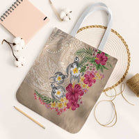 Hawaiian Tropical Flowers and Tribal Turtles Tote Bag Polynesian Art Motifs Beige Color - Polynesian Pride