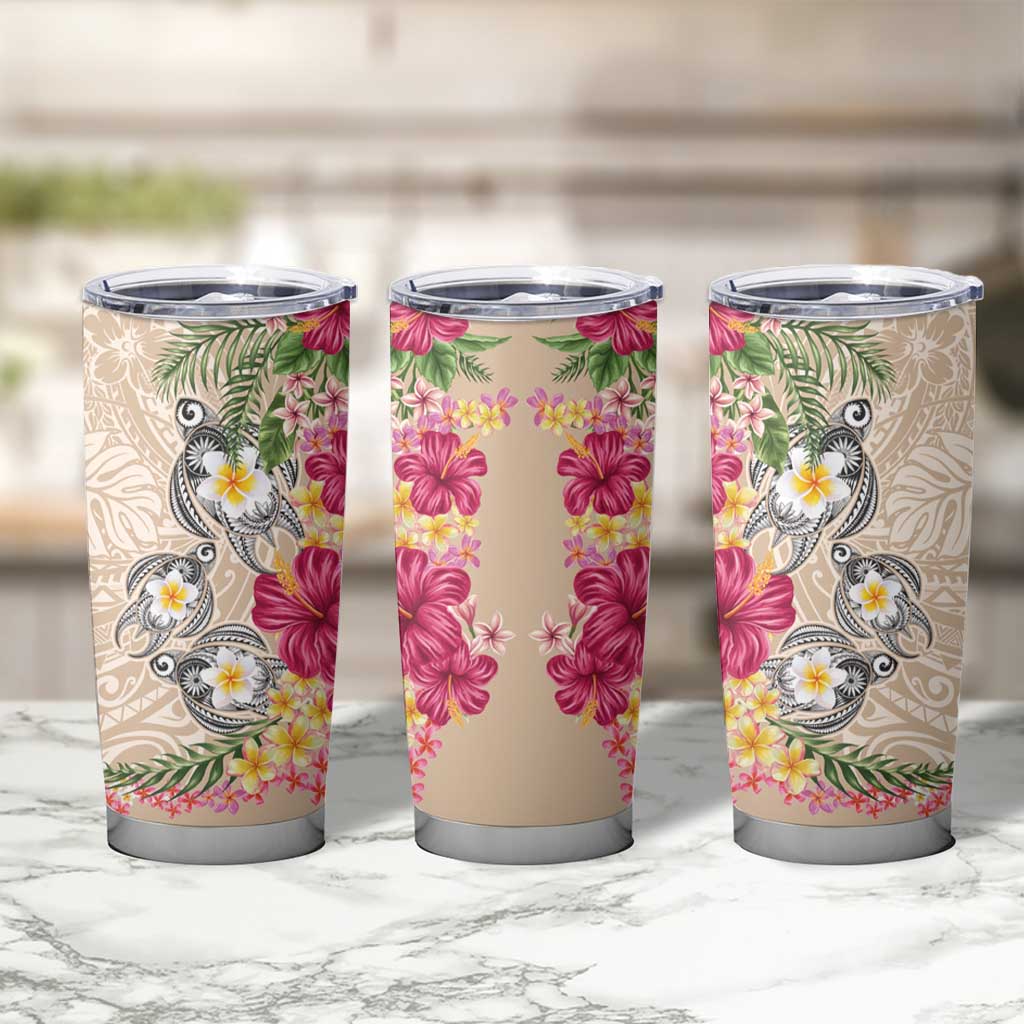 Hawaiian Tropical Flowers and Tribal Turtles Tumbler Cup Polynesian Art Motifs Beige Color - Polynesian Pride