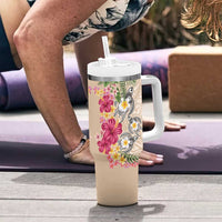Hawaiian Tropical Flowers and Tribal Turtles Tumbler With Handle Polynesian Art Motifs Beige Color - Polynesian Pride
