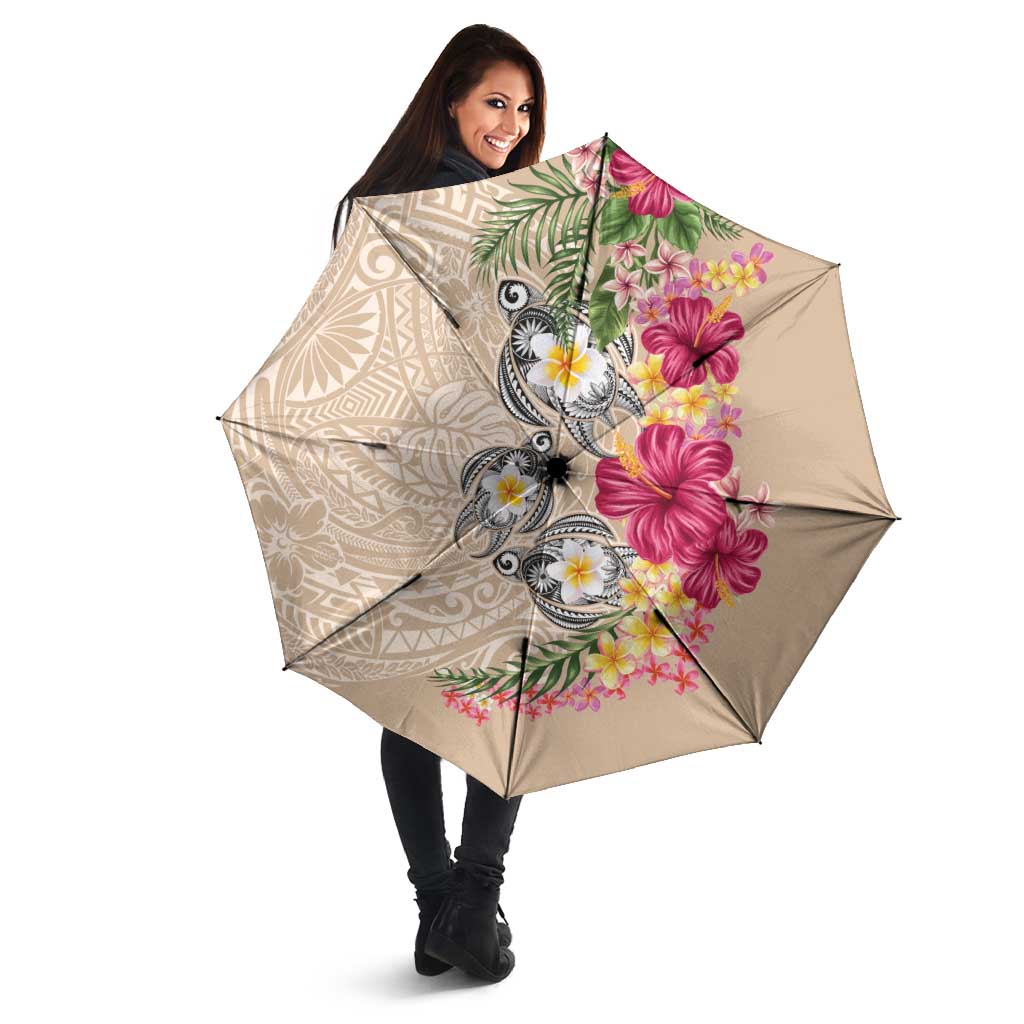 Hawaiian Tropical Flowers and Tribal Turtles Umbrella Polynesian Art Motifs Beige Color - Polynesian Pride