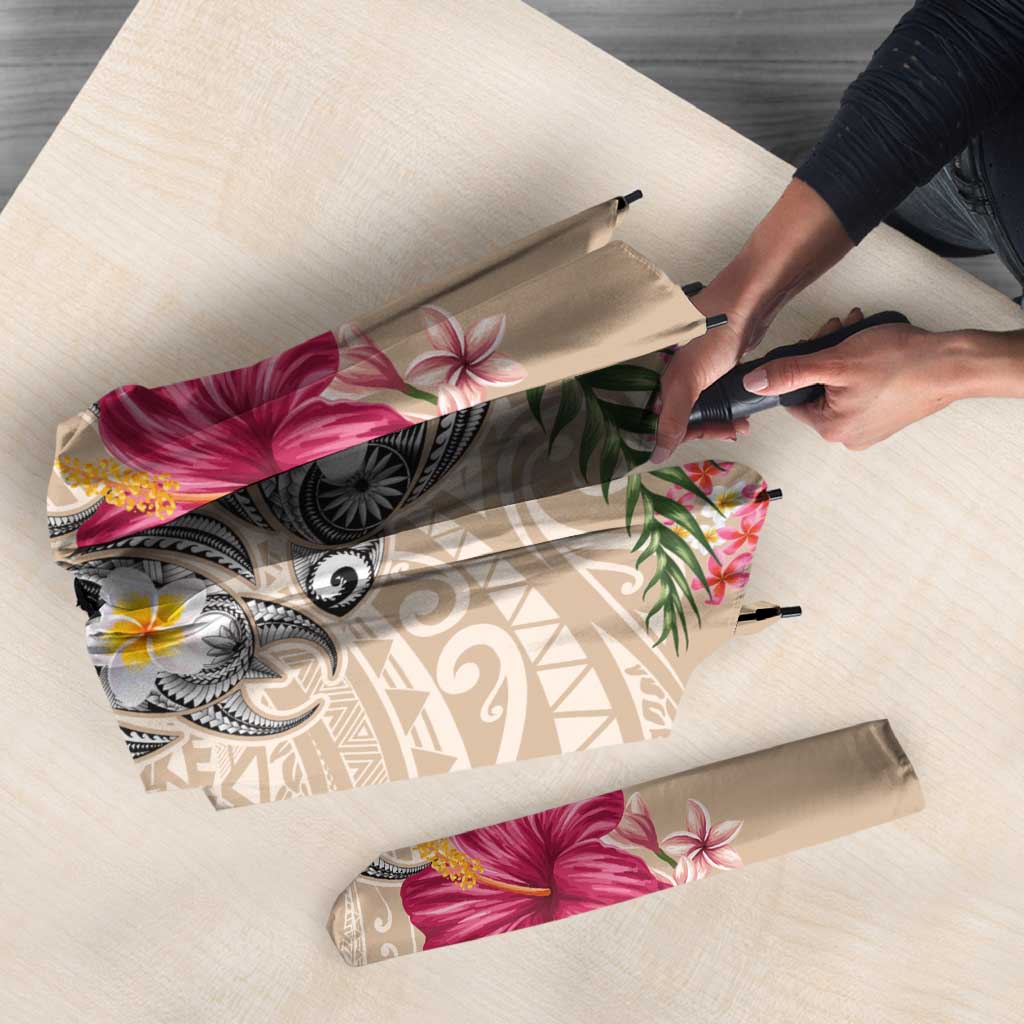 Hawaiian Tropical Flowers and Tribal Turtles Umbrella Polynesian Art Motifs Beige Color - Polynesian Pride