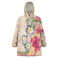 Hawaiian Tropical Flowers and Tribal Turtles Wearable Blanket Hoodie Polynesian Art Motifs Beige Color - Polynesian Pride