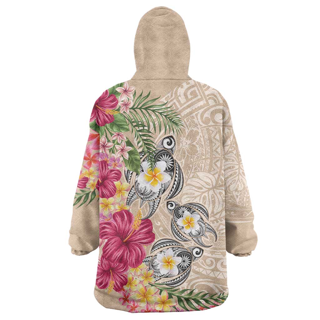 Hawaiian Tropical Flowers and Tribal Turtles Wearable Blanket Hoodie Polynesian Art Motifs Beige Color - Polynesian Pride