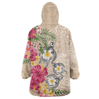 Hawaiian Tropical Flowers and Tribal Turtles Wearable Blanket Hoodie Polynesian Art Motifs Beige Color - Polynesian Pride