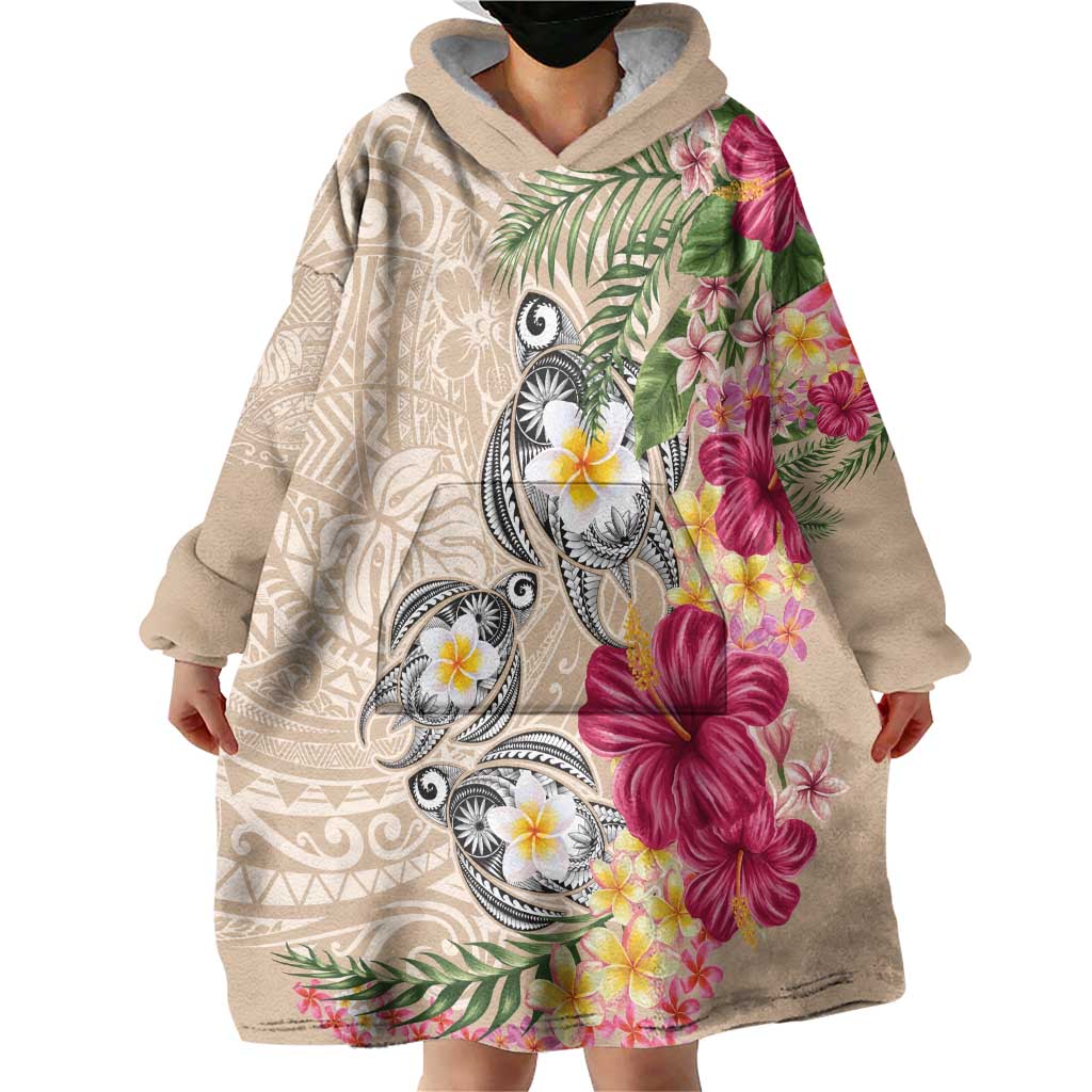 Hawaiian Tropical Flowers and Tribal Turtles Wearable Blanket Hoodie Polynesian Art Motifs Beige Color - Polynesian Pride