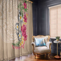 Hawaiian Tropical Flowers and Tribal Turtles Window Curtain Polynesian Art Motifs Beige Color - Polynesian Pride