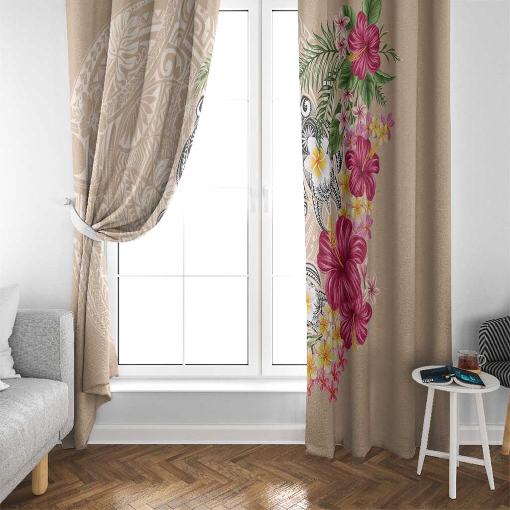 Hawaiian Tropical Flowers and Tribal Turtles Window Curtain Polynesian Art Motifs Beige Color - Polynesian Pride