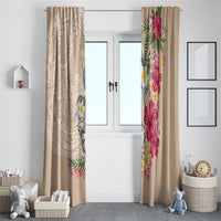 Hawaiian Tropical Flowers and Tribal Turtles Window Curtain Polynesian Art Motifs Beige Color - Polynesian Pride
