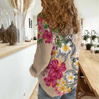 Hawaiian Tropical Flowers and Tribal Turtles Women Casual Shirt Polynesian Art Motifs Beige Color - Polynesian Pride