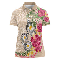 Hawaiian Tropical Flowers and Tribal Turtles Women Polo Shirt Polynesian Art Motifs Beige Color - Polynesian Pride
