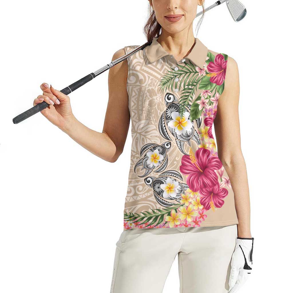 Hawaiian Tropical Flowers and Tribal Turtles Women Sleeveless Polo Shirt Polynesian Art Motifs Beige Color - Polynesian Pride