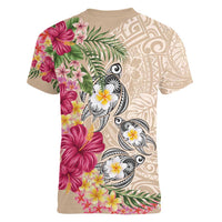Hawaiian Tropical Flowers and Tribal Turtles Women V-Neck T-Shirt Polynesian Art Motifs Beige Color - Polynesian Pride