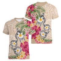 Hawaiian Tropical Flowers and Tribal Turtles Women V-Neck T-Shirt Polynesian Art Motifs Beige Color - Polynesian Pride