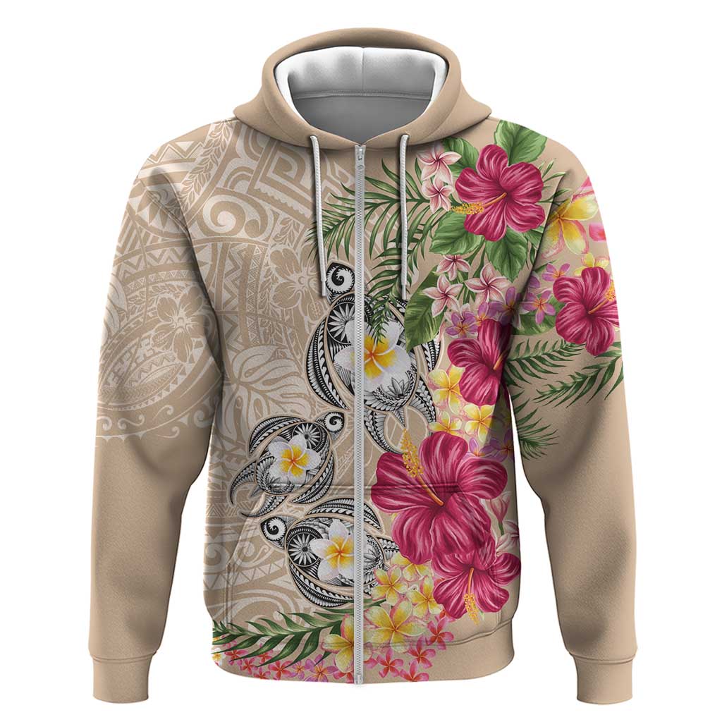Hawaiian Tropical Flowers and Tribal Turtles Zip Hoodie Polynesian Art Motifs Beige Color - Polynesian Pride