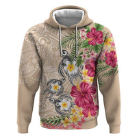 Hawaiian Tropical Flowers and Tribal Turtles Zip Hoodie Polynesian Art Motifs Beige Color - Polynesian Pride