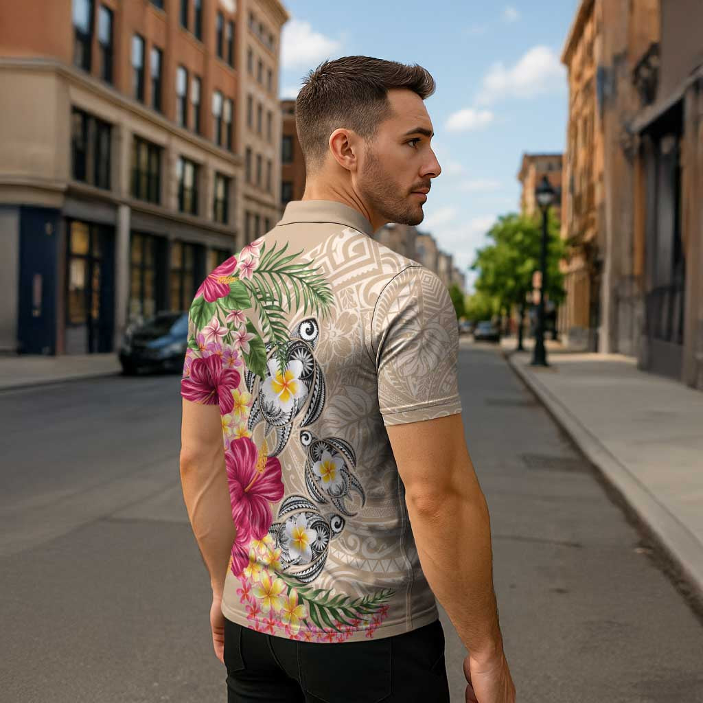 Hawaiian Tropical Flowers and Tribal Turtles Zipper Polo Shirt Polynesian Art Motifs Beige Color - Polynesian Pride