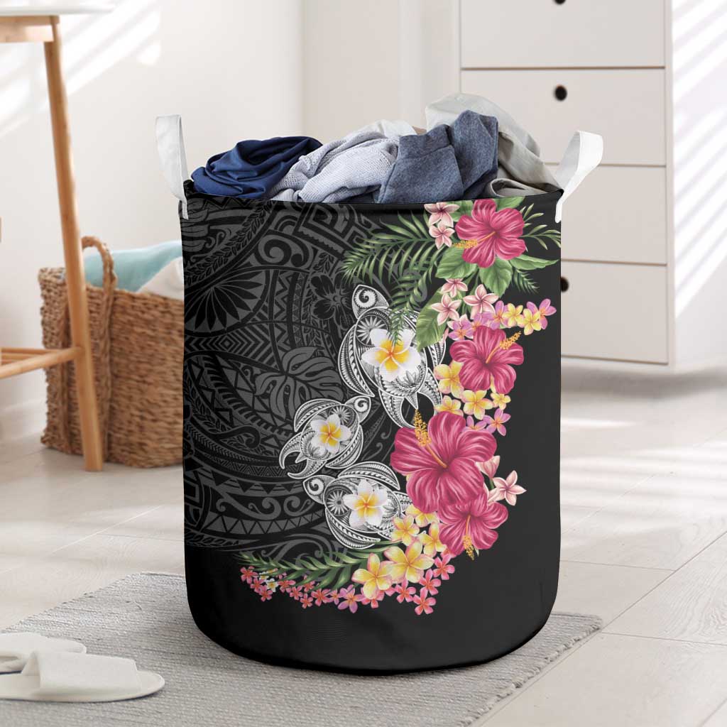 Hawaiian Tropical Flowers and Tribal Turtles Laundry Basket Polynesian Art Motifs Black Color - Polynesian Pride