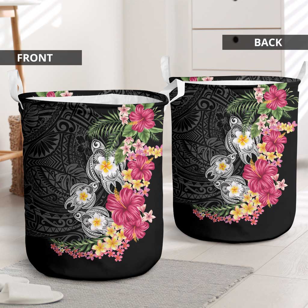 Hawaiian Tropical Flowers and Tribal Turtles Laundry Basket Polynesian Art Motifs Black Color - Polynesian Pride