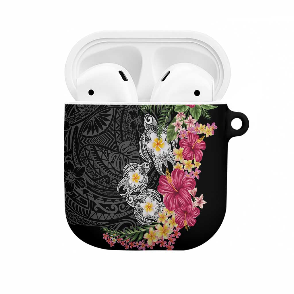 Hawaiian Tropical Flowers and Tribal Turtles AirPods Case Polynesian Art Motifs Black Color LT03 Black - Polynesian Pride