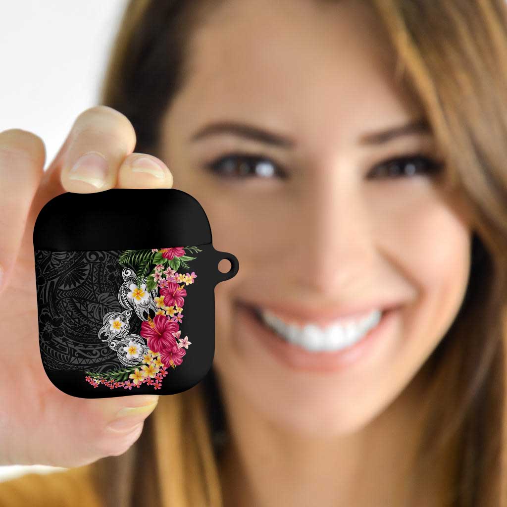 Hawaiian Tropical Flowers and Tribal Turtles AirPods Case Polynesian Art Motifs Black Color - Polynesian Pride