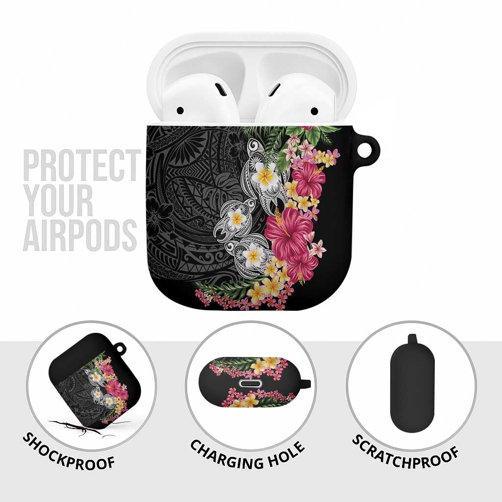 Hawaiian Tropical Flowers and Tribal Turtles AirPods Case Polynesian Art Motifs Black Color - Polynesian Pride