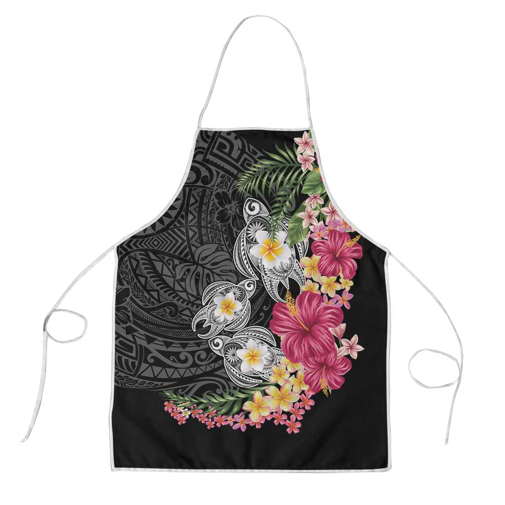 Hawaiian Tropical Flowers and Tribal Turtles Apron Polynesian Art Motifs Black Color LT03 Black - Polynesian Pride