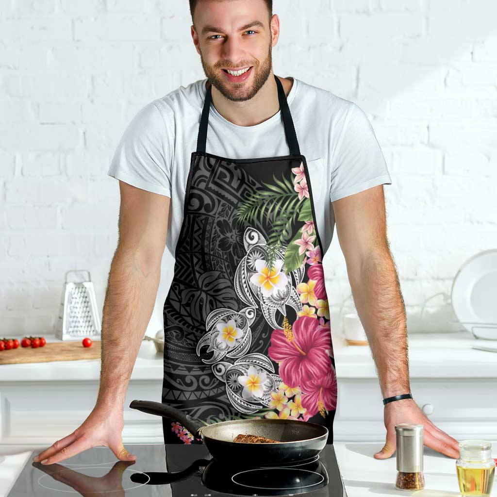Hawaiian Tropical Flowers and Tribal Turtles Apron Polynesian Art Motifs Black Color - Polynesian Pride