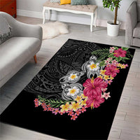 Hawaiian Tropical Flowers and Tribal Turtles Area Rug Polynesian Art Motifs Black Color - Polynesian Pride