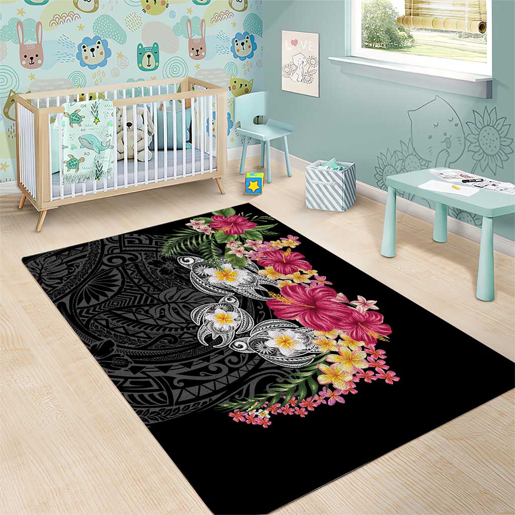 Hawaiian Tropical Flowers and Tribal Turtles Area Rug Polynesian Art Motifs Black Color - Polynesian Pride