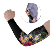 Hawaiian Tropical Flowers and Tribal Turtles Arm Sleeves Polynesian Art Motifs Black Color - Polynesian Pride