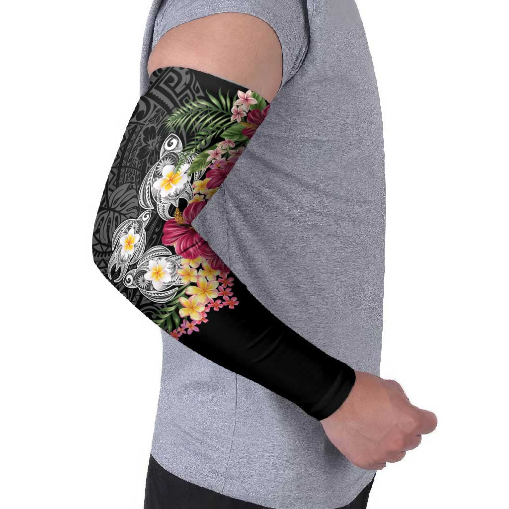 Hawaiian Tropical Flowers and Tribal Turtles Arm Sleeves Polynesian Art Motifs Black Color - Polynesian Pride