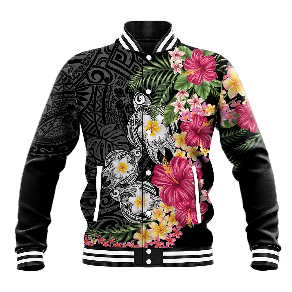 Hawaiian Tropical Flowers and Tribal Turtles Baseball Jacket Polynesian Art Motifs Black Color - Polynesian Pride