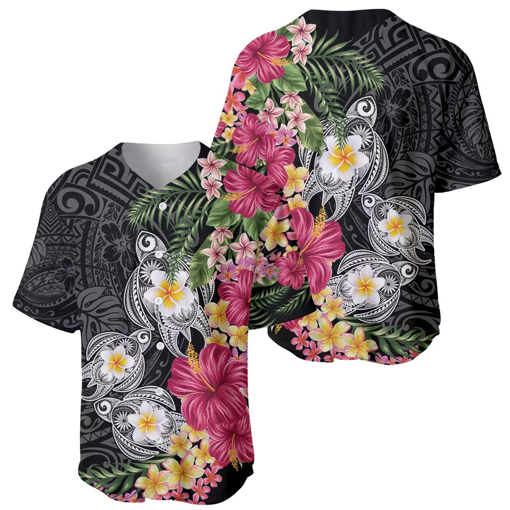 Hawaiian Tropical Flowers and Tribal Turtles Baseball Jersey Polynesian Art Motifs Black Color - Polynesian Pride