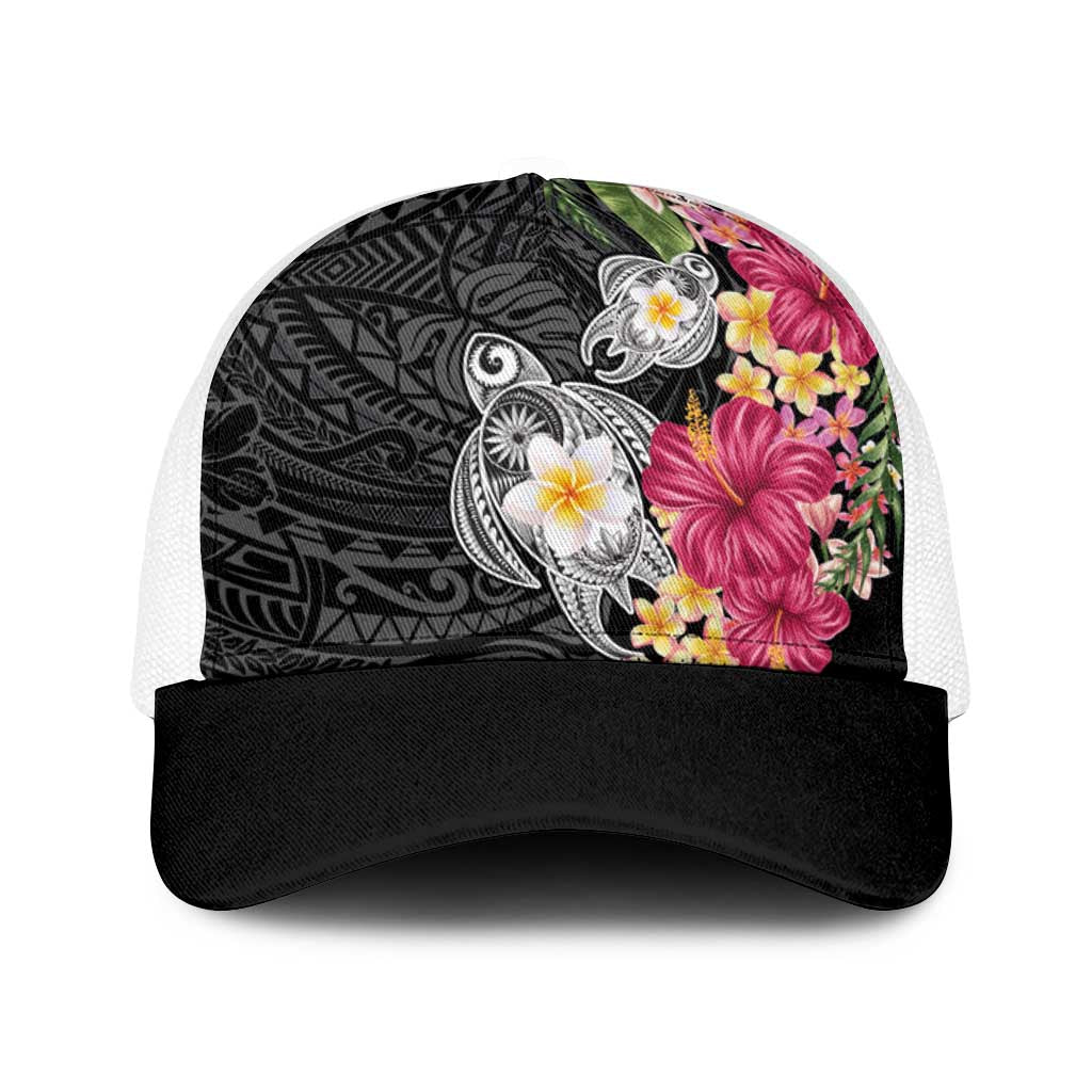 Hawaiian Tropical Flowers and Tribal Turtles Baseball Net Cap Polynesian Art Motifs Black Color - Polynesian Pride