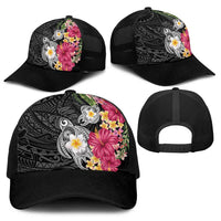 Hawaiian Tropical Flowers and Tribal Turtles Baseball Net Cap Polynesian Art Motifs Black Color - Polynesian Pride