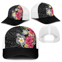 Hawaiian Tropical Flowers and Tribal Turtles Baseball Net Cap Polynesian Art Motifs Black Color - Polynesian Pride