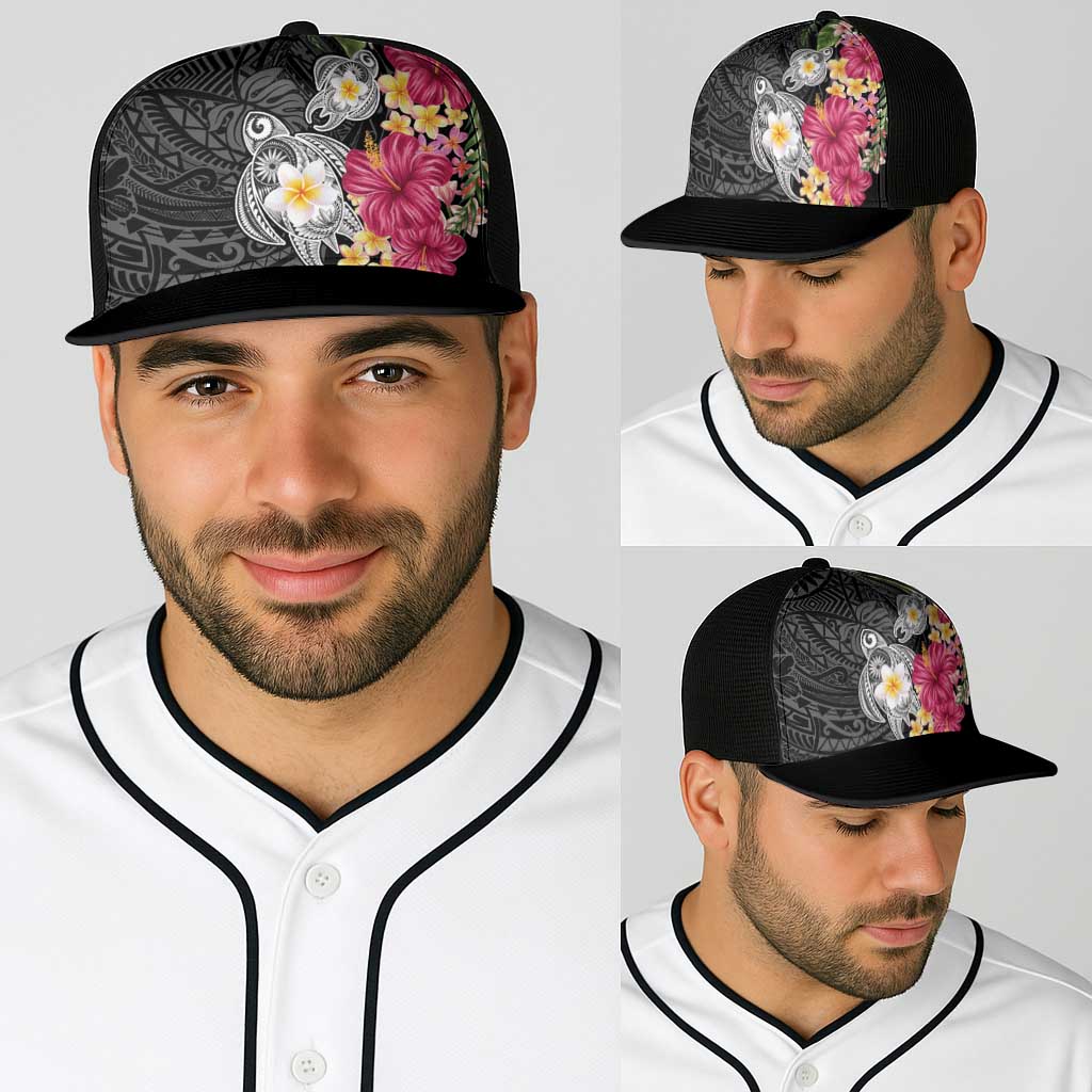 Hawaiian Tropical Flowers and Tribal Turtles Baseball Net Cap Polynesian Art Motifs Black Color - Polynesian Pride