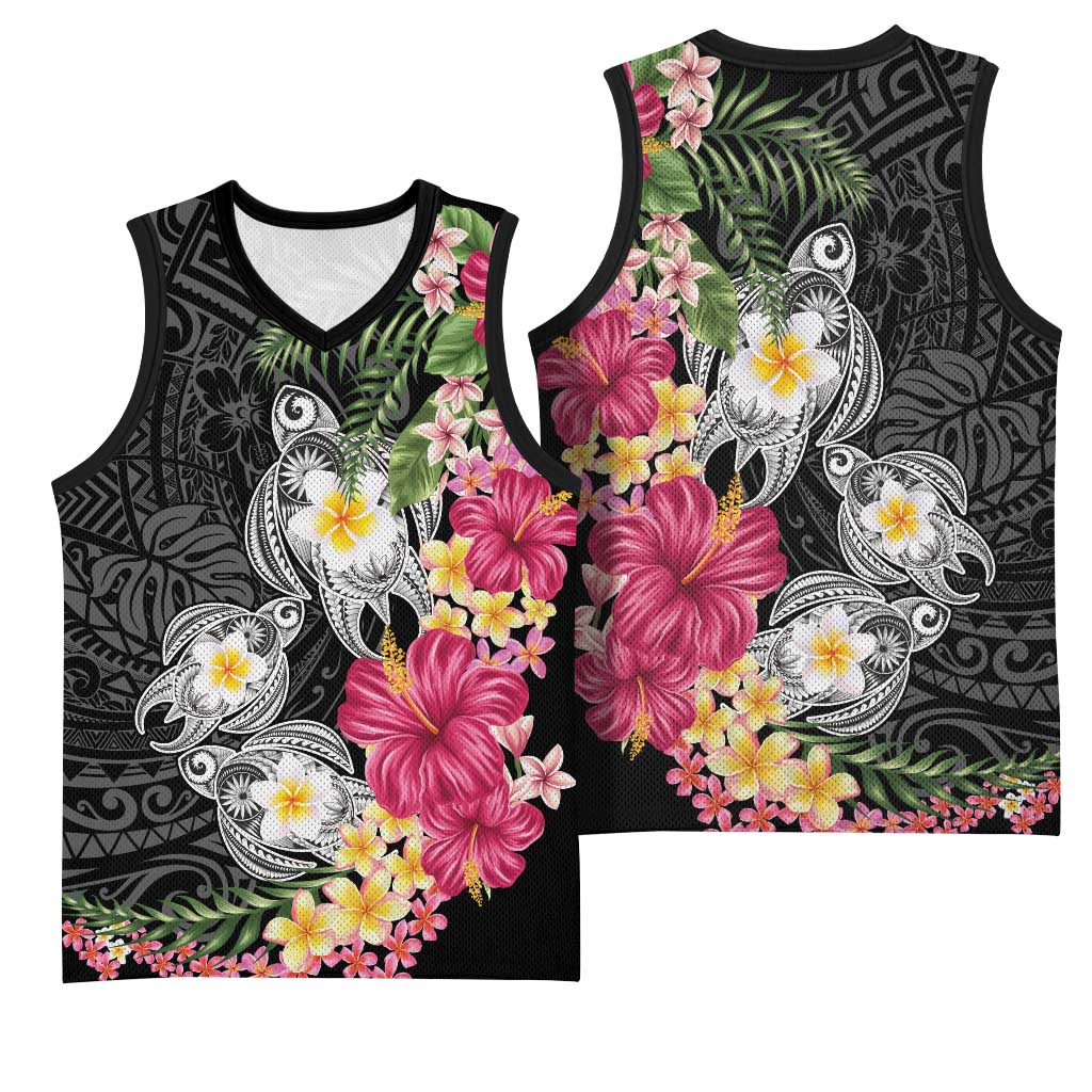 Hawaiian Tropical Flowers and Tribal Turtles Basketball Jersey Polynesian Art Motifs Black Color - Polynesian Pride
