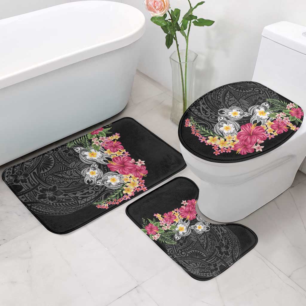 Hawaiian Tropical Flowers and Tribal Turtles Bathroom Set Polynesian Art Motifs Black Color - Polynesian Pride