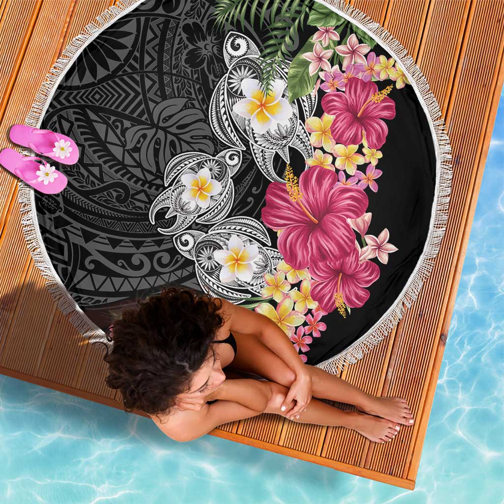 Hawaiian Tropical Flowers and Tribal Turtles Beach Blanket Polynesian Art Motifs Black Color - Polynesian Pride