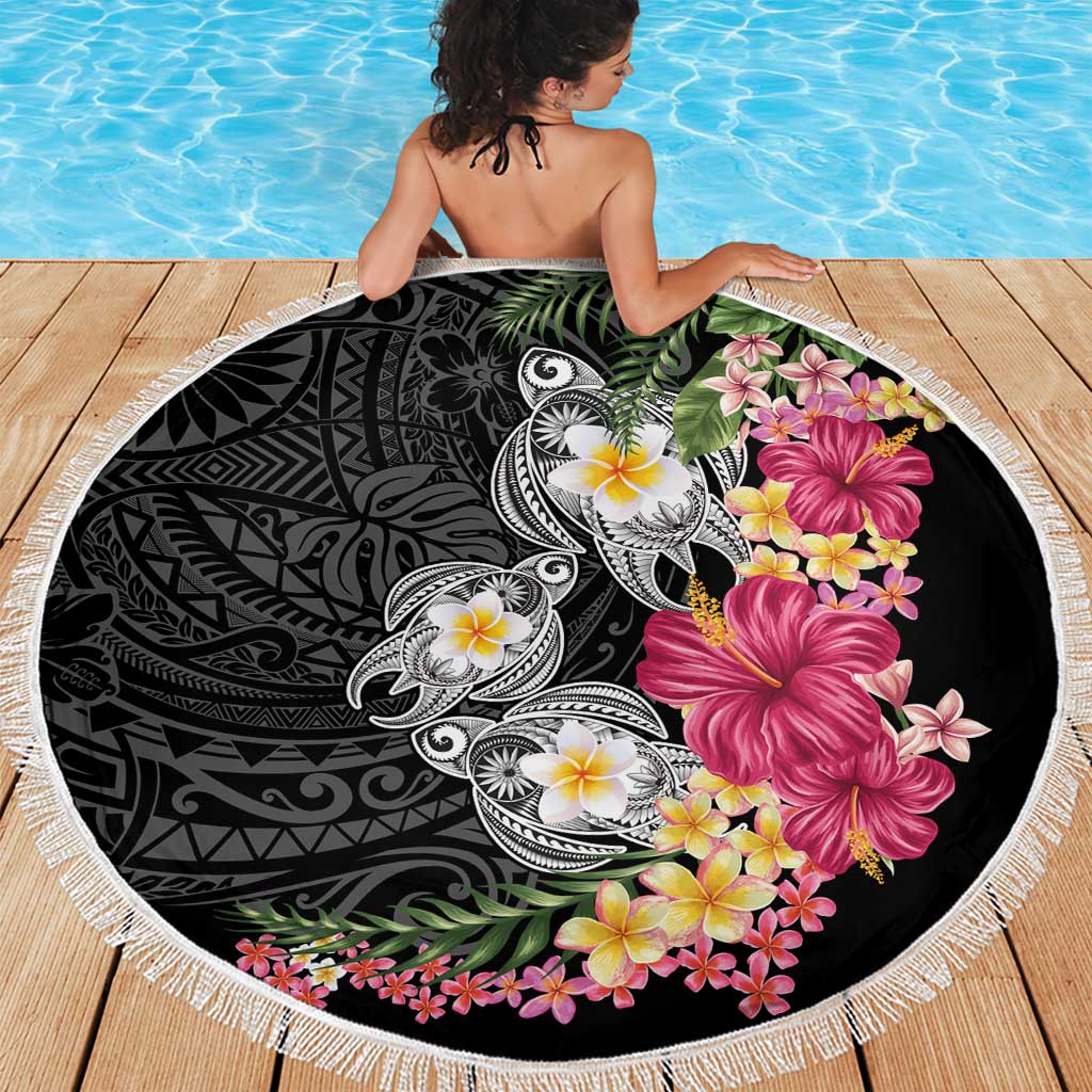Hawaiian Tropical Flowers and Tribal Turtles Beach Blanket Polynesian Art Motifs Black Color - Polynesian Pride