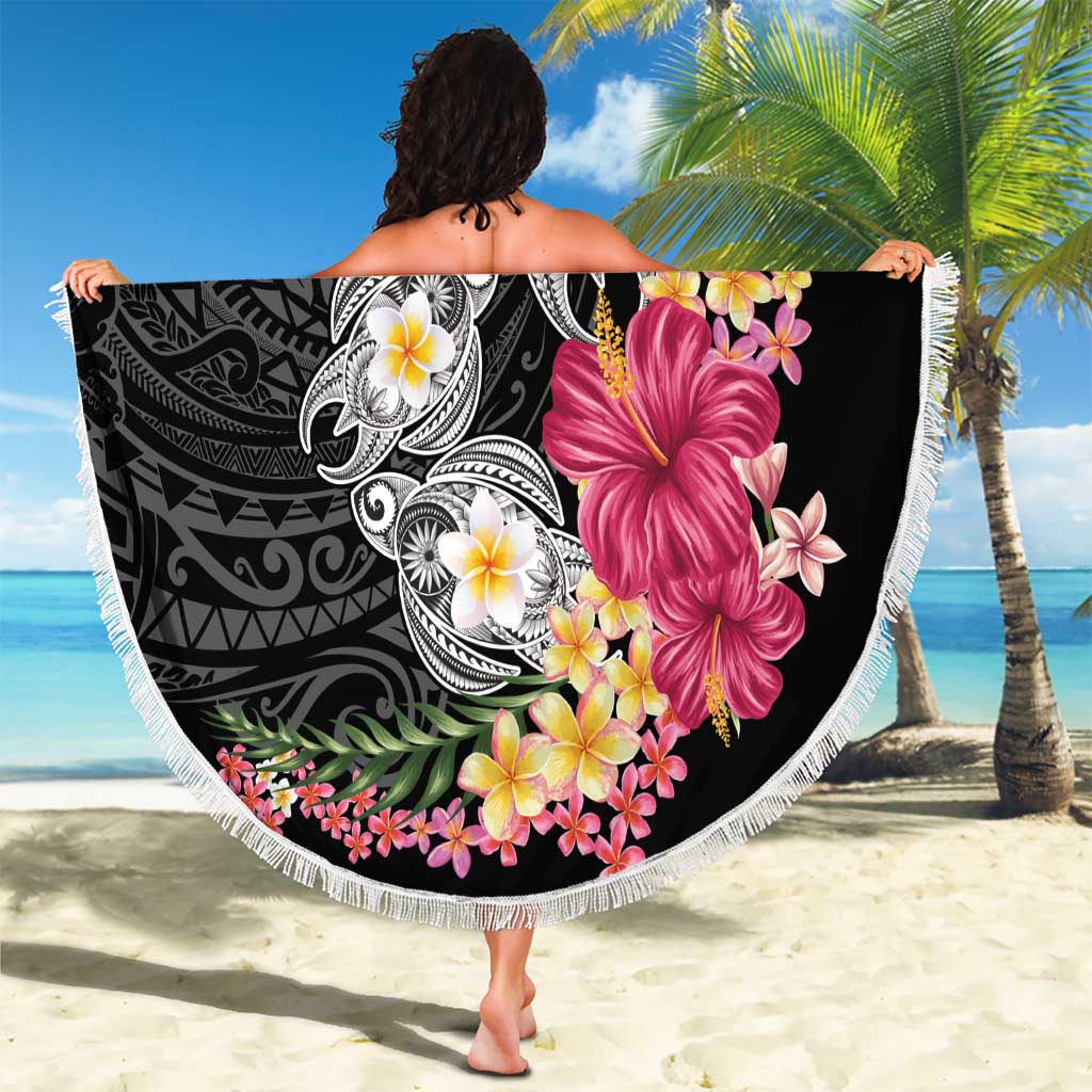 Hawaiian Tropical Flowers and Tribal Turtles Beach Blanket Polynesian Art Motifs Black Color - Polynesian Pride
