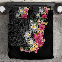 Hawaiian Tropical Flowers and Tribal Turtles Bedding Set Polynesian Art Motifs Black Color - Polynesian Pride
