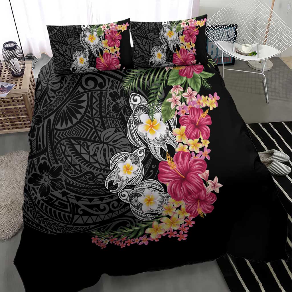 Hawaiian Tropical Flowers and Tribal Turtles Bedding Set Polynesian Art Motifs Black Color - Polynesian Pride
