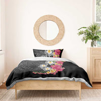 Hawaiian Tropical Flowers and Tribal Turtles Bedding Set Polynesian Art Motifs Black Color - Polynesian Pride