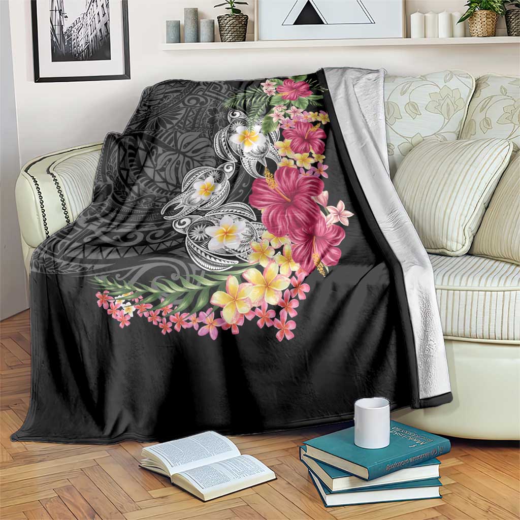 Hawaiian Tropical Flowers and Tribal Turtles Blanket Polynesian Art Motifs Black Color LT03 Black - Polynesian Pride