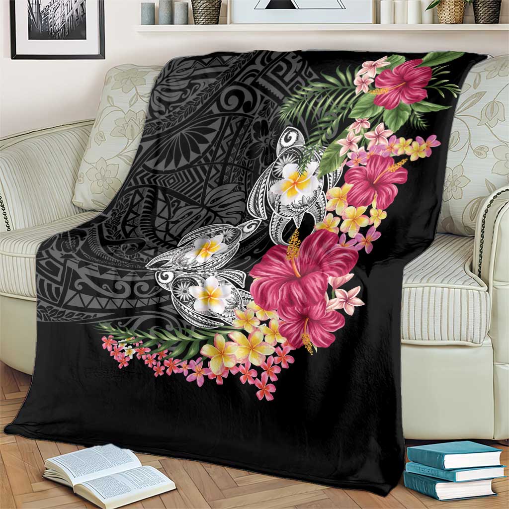 Hawaiian Tropical Flowers and Tribal Turtles Blanket Polynesian Art Motifs Black Color - Polynesian Pride