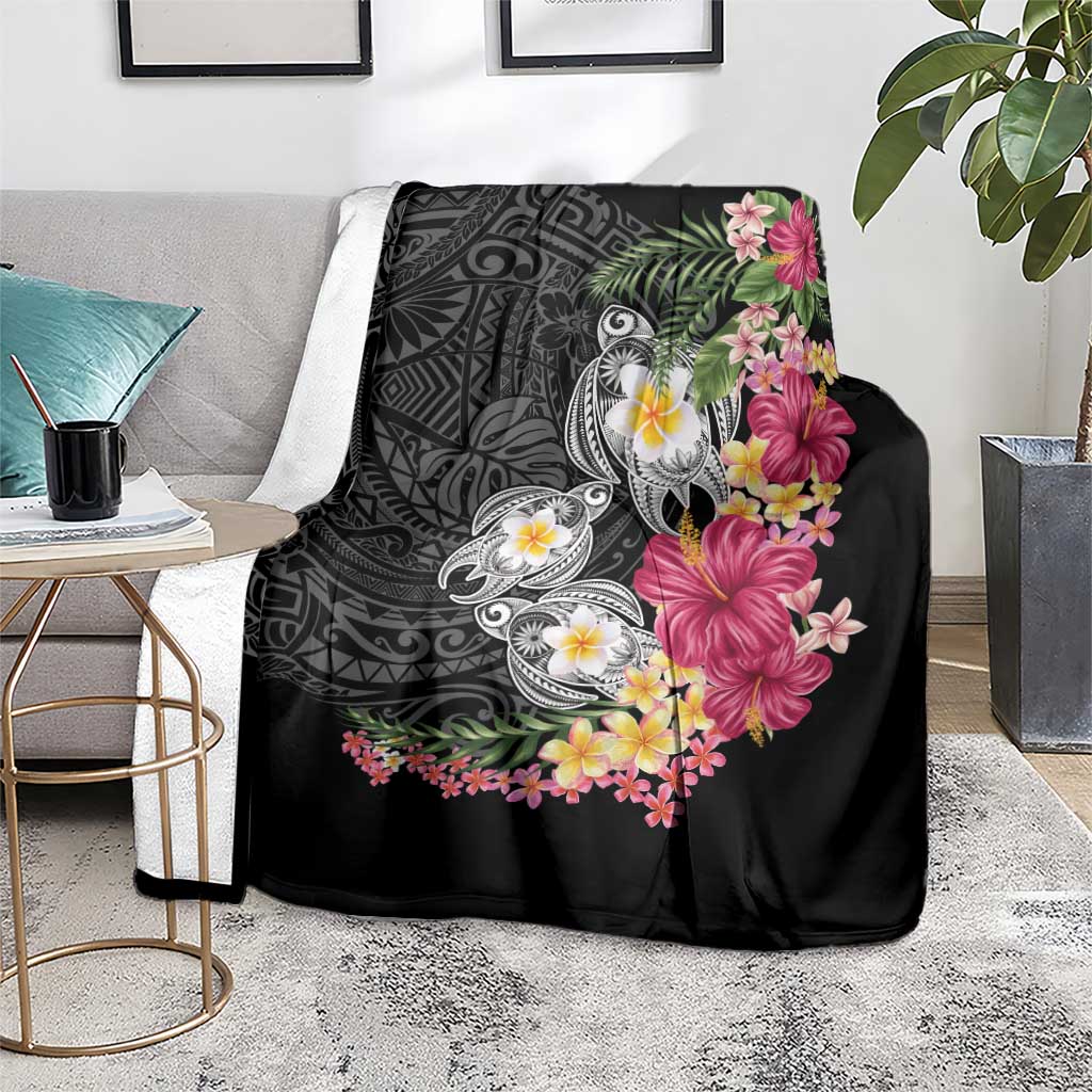 Hawaiian Tropical Flowers and Tribal Turtles Blanket Polynesian Art Motifs Black Color - Polynesian Pride