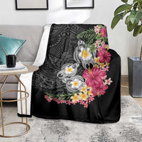 Hawaiian Tropical Flowers and Tribal Turtles Blanket Polynesian Art Motifs Black Color - Polynesian Pride