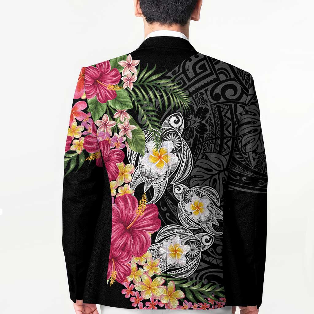 Hawaiian Tropical Flowers and Tribal Turtles Blazer Polynesian Art Motifs Black Color - Polynesian Pride